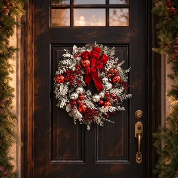 Christmas in July Decorations 45cm Christmas Front Door Hanging Decoration Snow Flocked Branch Ornament With Red Velvet Bow Red Ball Berries Winter Wreath For Wall Wi