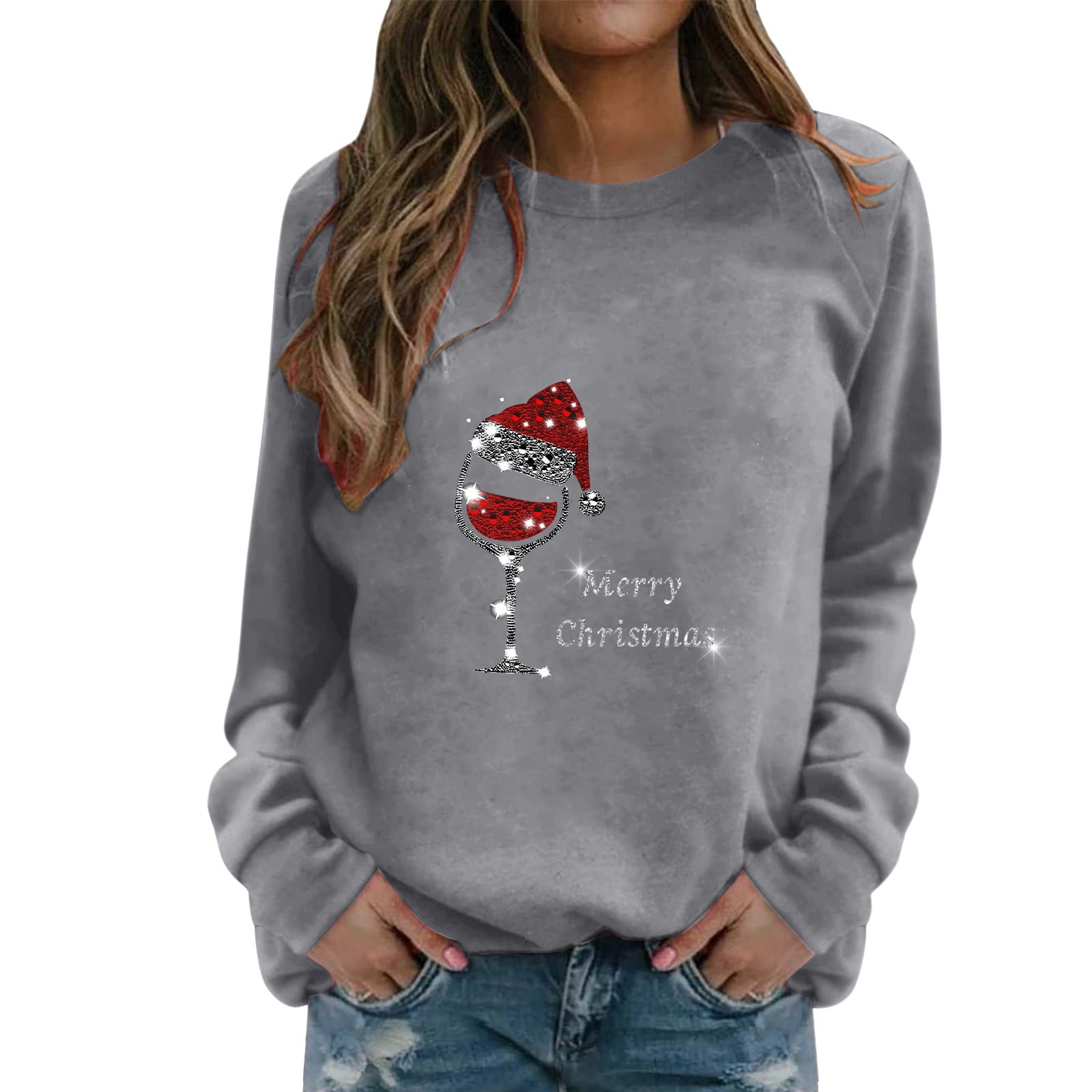 Christmas Jumper Women s Sweatshirt Crew Neck Long Sleeve Christmas Goblet Jumper Casual Christmas Sweat Tops Women s Hoodless Sweatshirt Grey XL Walmart