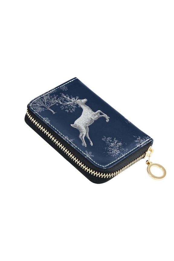 Christmas Jumping Reindeer Tree Snowflakes Women's Credit Card Holder PU Leather Zipper Wallet RFID Blocking