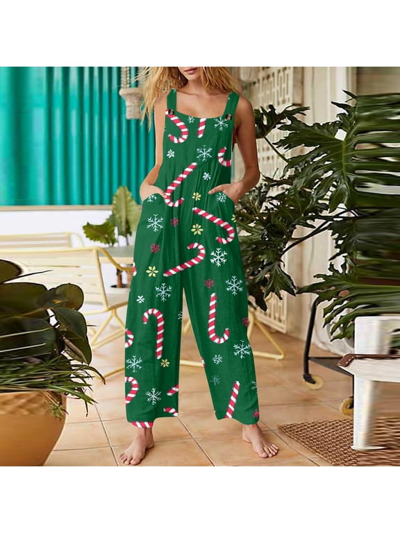 Christmas Jumpsuit for Women Cute Print Xmas Holiday Overalls M