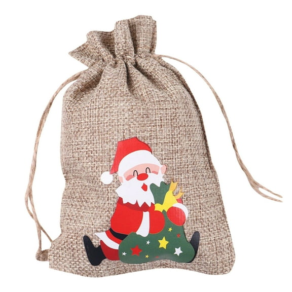 Christmas Jute Linen Bags, Xmas Jute Linen Drawstring Gift Treat Candy Bag for Xmas Favors/ Burlap Christmas Gift Bag