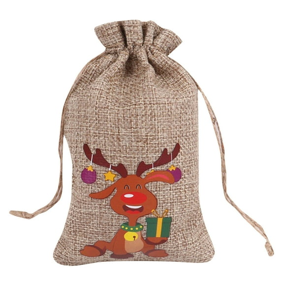 Christmas Jute Linen Bags, Xmas Jute Linen Drawstring Gift Treat Candy Bag for Xmas Favors/ Burlap Christmas Gift Bag