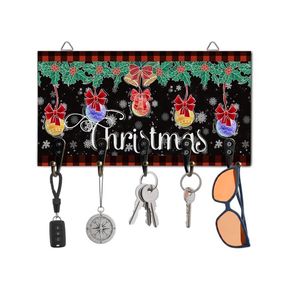 Christmas Key Holder for Wall Bell Snowflake Buffalo Plaid Key Hooks Wood Wall Mounted Key Holder Berry Key Rack Organizer with 5 Hooks for Entryway Hallway Office Bathroom Kitchen Home Decor