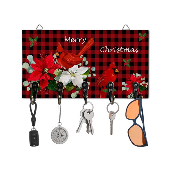 Christmas Key Holder for Wall Cardinal Bird Key Hooks Wood Wall Mounted Key Holder Poinsettia Flower Berry Buffalo Plaid Key Rack Organizer with 5 Hooks for Entryway Hallway Office Bathroom Kitchen
