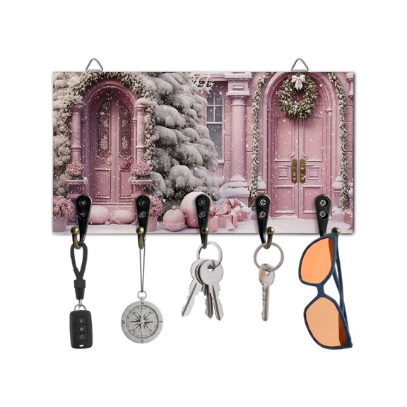 Christmas Key Holder for Wall Cartoon Castle Key Hooks Wood Wall Mounted Key Holder Snow Pink Key Rack Organizer with 5 Hooks for Entryway Hallway Office Bathroom Kitchen Home Decor