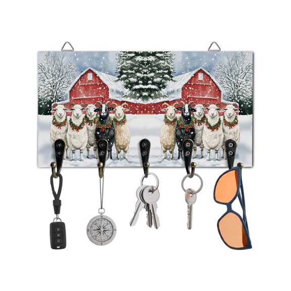 Christmas Key Holder for Wall Cute Sheep Key Hooks Wood Wall Mounted Key Holder Barn Door Snow Forest Key Rack Organizer with 5 Hooks for Entryway Hallway Office Bathroom Kitchen Home Decor