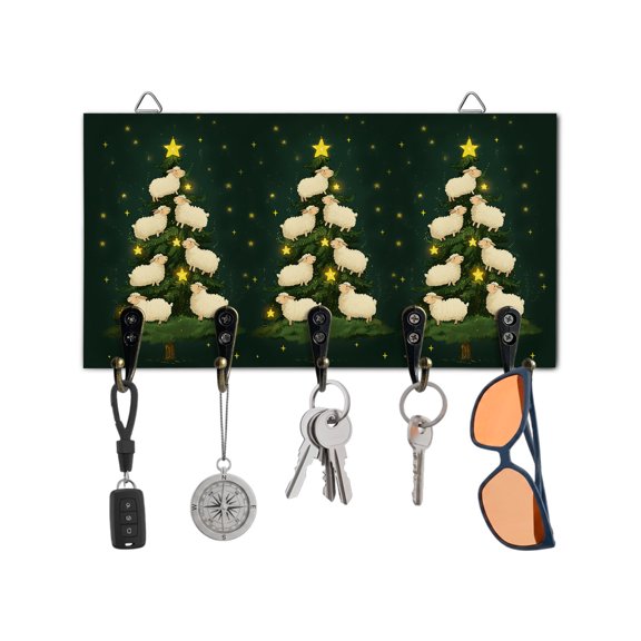 Christmas Key Holder for Wall Cute Sheep Pine Tree Key Hooks Wood Wall Mounted Key Holder Starry Night Key Rack Organizer with 5 Hooks for Entryway Hallway Office Bathroom Kitchen Home Decor