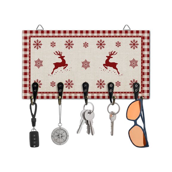 Christmas Key Holder for Wall Deer Snowflake Key Hooks Wood Wall Mounted Key Holder Red Buffalo Plaid Key Rack Organizer with 5 Hooks for Entryway Hallway Office Bathroom Kitchen Home Decor