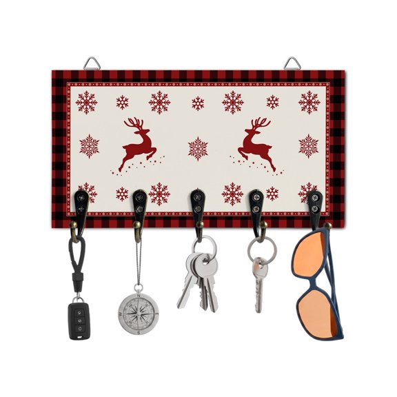 Christmas Key Holder for Wall Elk Deer Snowflake Key Hooks Wood Wall Mounted Key Holder Reindeer Red Buffalo Plaid Key Rack Organizer with 5 Hooks for Entryway Hallway Office Bathroom Kitchen