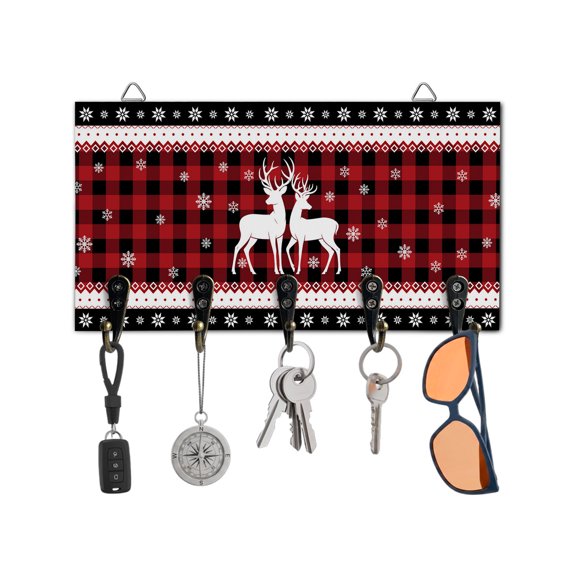 Christmas Key Holder for Wall Elk Snowflake Key Hooks Wood Wall Mounted Key Holder Reindeer Red Black Buffalo Plaid Key Rack Organizer with 5 Hooks for Entryway Hallway Office Bathroom Kitchen