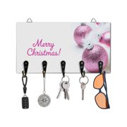 Christmas Key Holder for Wall Pink Christmas Balls Key Hooks Wood Wall Mounted Key Holder Shiny Merry Christmas Key Rack Organizer with 5 Hooks for Entryway Hallway Office Bathroom Kitchen