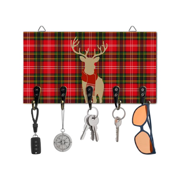 Christmas Key Holder for Wall Reindeer Key Hooks Wood Wall Mounted Key Holder ElkRed Green Buffalo Plaid Key Rack Organizer with 5 Hooks for Entryway Hallway Office Bathroom Kitchen Home Decor