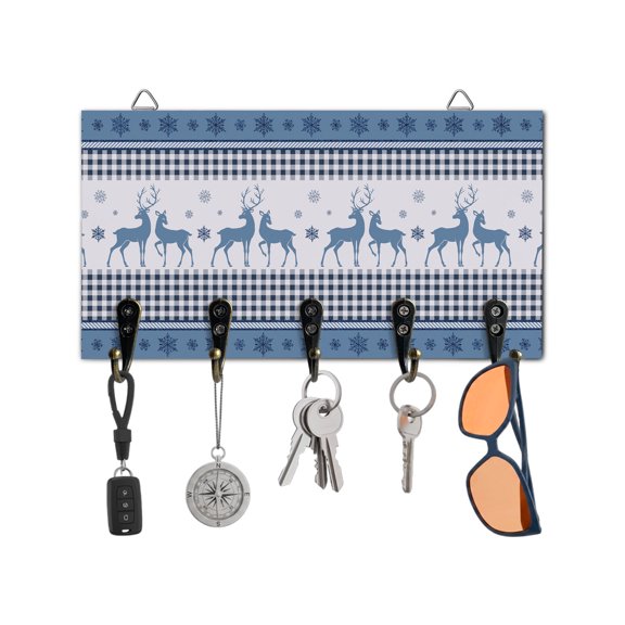 Christmas Key Holder for Wall Reindeer Snowflakes Key Hooks Wood Wall Mounted Key Holder Buffalo Plaid Blue Key Rack Organizer with 5 Hooks for Entryway Hallway Office Bathroom Kitchen Home Decor