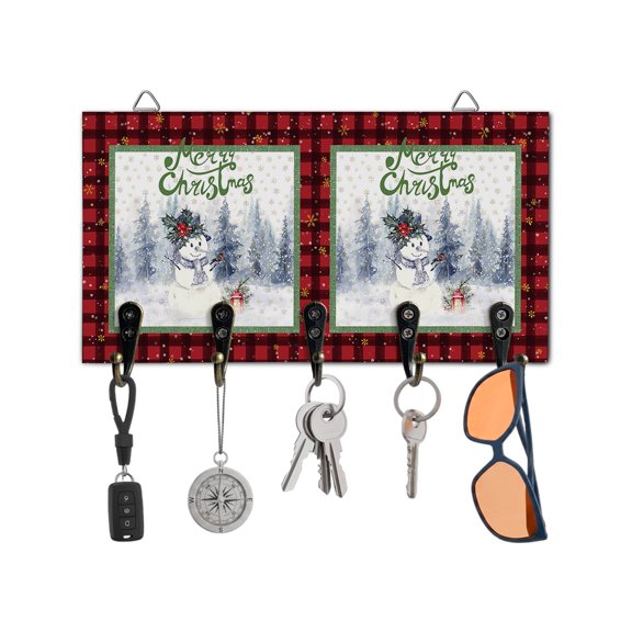 Christmas Key Holder for Wall Snowman Xmas Tree Key Hooks Wood Wall Mounted Key Holder Snowflake Buffalo Plaid Key Rack Organizer with 5 Hooks for Entryway Hallway Office Bathroom Kitchen Home Decor