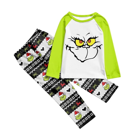 Christmas Family Pajamas Grin-ch Themed Cotton Blend Long Sleeve Top Pants Set Festive Holiday Season Children Sleepwear Playful Print Kids Christmas Clothing Decorative Outfit