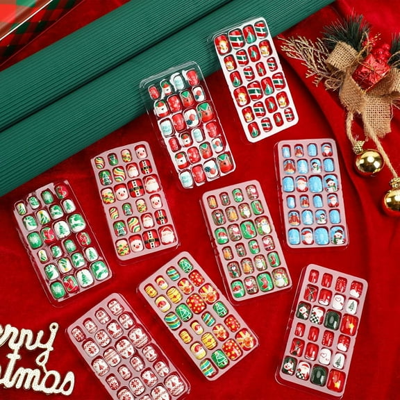 Christmas Kids Press on Nails,216Pcs 9 Pack Christmas Girls Press on Nails Full Cover Short False Stick on Nail Tips for Kids Nail Art Decoration Christmas Party Favors Gift