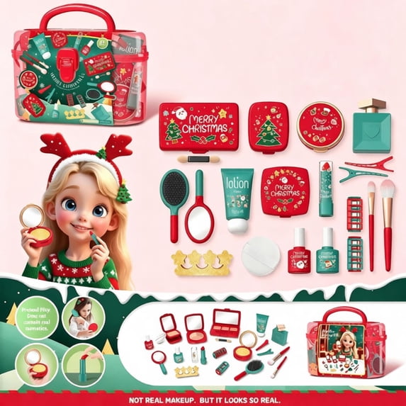 Christmas Kids Pretend Makeup Toy Sets, Non-Toxic Fake Cosmetic Kits with Eyeshadow Lipstick Nail Polish Brush Mirror, Princess Dress Up Beauty Playset for Little Girls Xmas Birthday Holiday Gifts