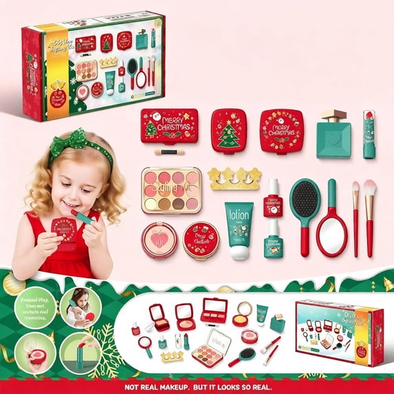 Christmas Kids Pretend Makeup Toy Sets, Non-Toxic Fake Cosmetic Kits with Eyeshadow Lipstick Nail Polish Brush Mirror, Princess Dress Up Beauty Playset for Little Girls Xmas Birthday Holiday Gifts