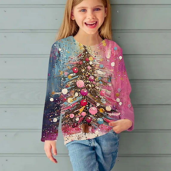 Christmas Kids Shirt Girls Christmas Tops Christmas Shirts Kid Boy Girls Long Sleeve Prints Shirts Christmas Crewnecks Tops Dressy Casual Blouses Clothes