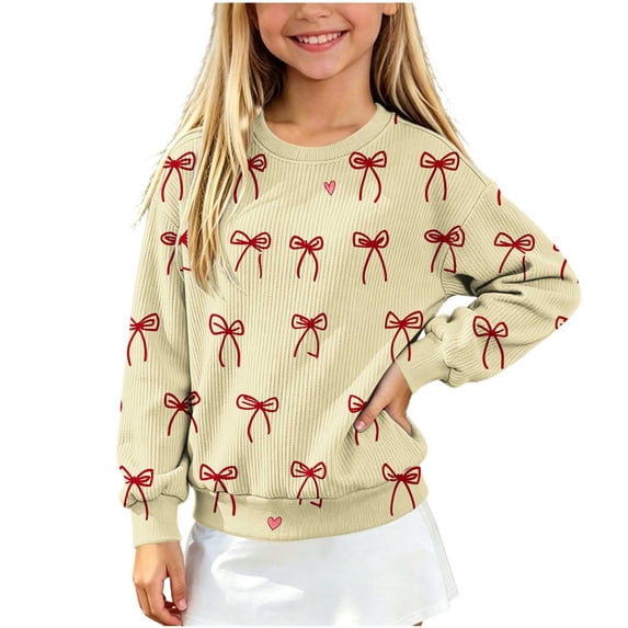 Christmas Kids Sweater Girls Crewneck Sweatshirt Long Sleeve Pullover Knit Tops,Relaxed Warm For Festival School Wear,Beige,7-8 Years