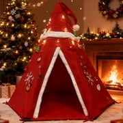 Christmas Kids Teepee Tent with LED Lights, Santa Hat Style Indoor Play Tent for Toddlers Boys Girls, Soft Canvas Playhouse with Fluffy Trim, Festive Holiday Gift, Foldable Portable Tent for Bedroom