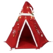 Christmas Kids Teepee Tent with LED Lights, Santa Hat Style Indoor Play Tent for Toddlers Boys Girls, Soft Canvas Playhouse with Fluffy Trim, Festive Holiday Gift, Foldable Portable Tent for Bedroom,