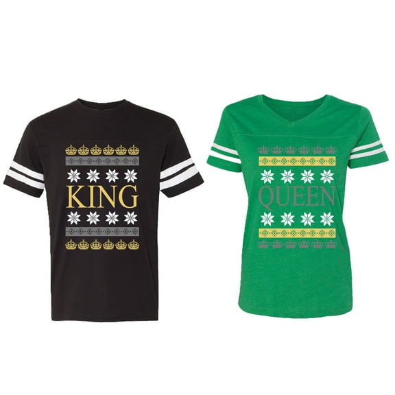 Christmas King Queen Matching Couple Cotton Jerseys (Men Black / Women Green) (Men XL / Women L)
