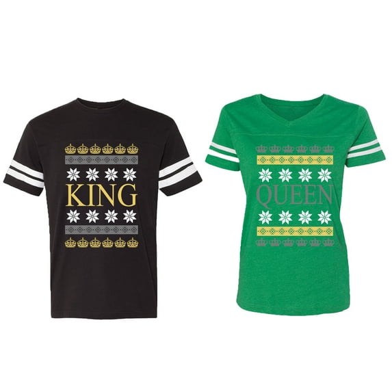 Christmas King Queen Matching Couple Cotton Jerseys (Men Black / Women Green) (Men XL / Women S)