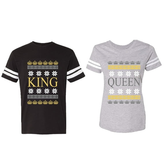 Christmas King Queen Matching Couple Cotton Jerseys (Men Black / Women Heather) (Men XXL / Women L)