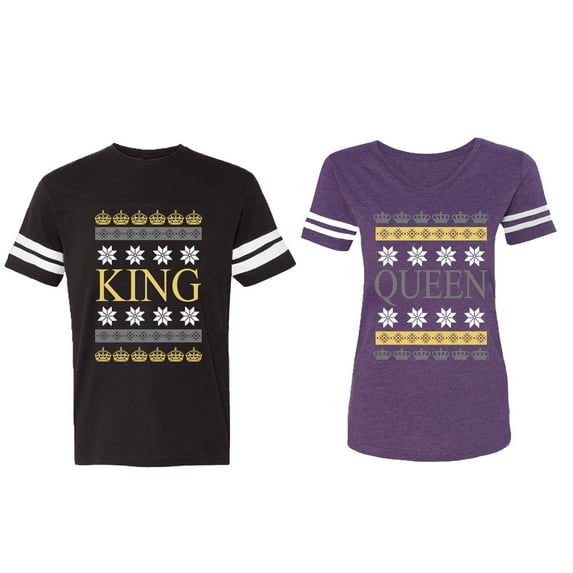 Christmas King Queen Matching Couple Cotton Jerseys (Men Black / Women Purple) (Men M / Women XL)
