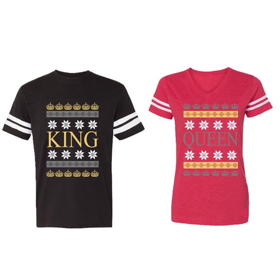 Christmas King Queen Matching Couple Cotton Jerseys (Men Black / Women Red) (Men XL / Women M)