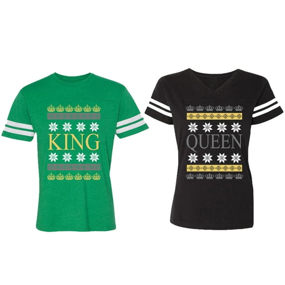 Christmas King Queen Matching Couple Cotton Jerseys (Men Green / Women Black) (Men XXL / Women S)