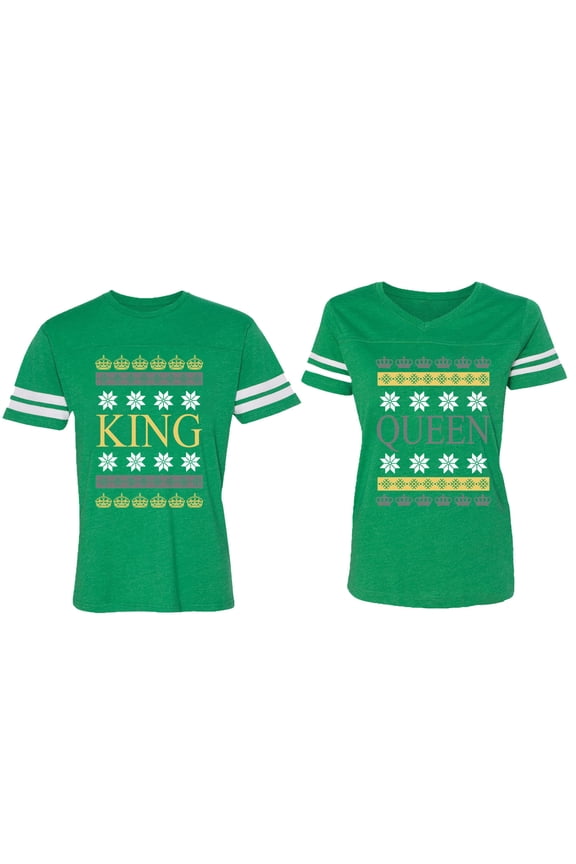 Christmas King Queen Matching Couple Cotton Jerseys (Men Green / Women Green) (Men XXL / Women XXL)