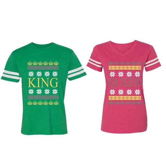 Christmas King Queen Matching Couple Cotton Jerseys (Men Green / Women Pink) (Men L / Women L)