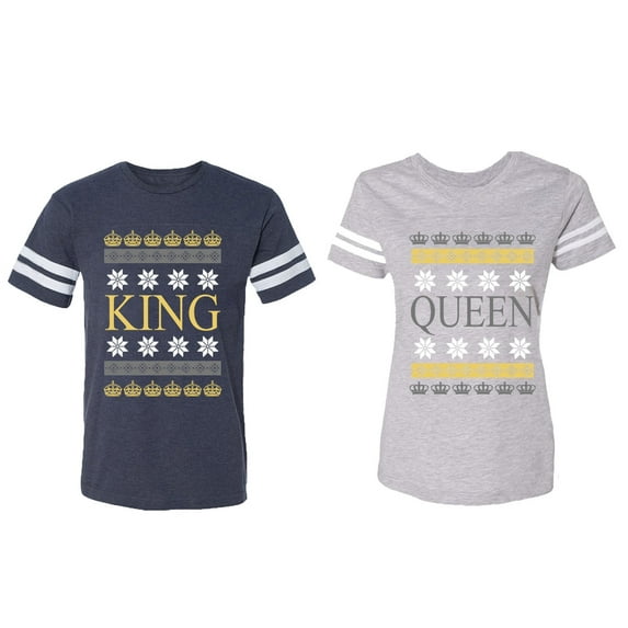 Christmas King Queen Matching Couple Cotton Jerseys (Men Navy / Women Heather) (Men XXL / Women XL)