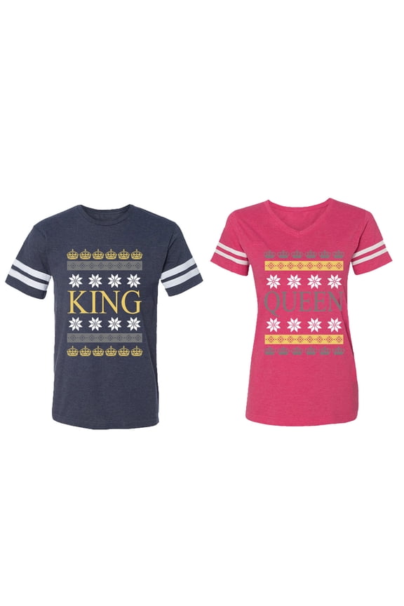 Christmas King Queen Matching Couple Cotton Jerseys (Men Navy / Women Pink) (Men XL / Women XL)