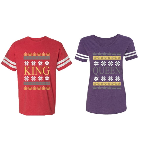 Christmas King Queen Matching Couple Cotton Jerseys (Men Red / Women Purple) (Men XL / Women M)