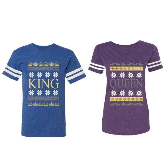 Christmas King Queen Matching Couple Cotton Jerseys (Men Royal / Women Purple) (Men XXL / Women XXL)