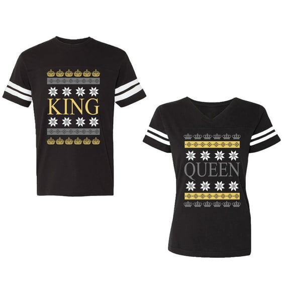Christmas King Queen Unisex Couple Matching Cotton Jersey style T-Shirt Contrasting stripes on sleeves (Men Black / Women Black) (Men XL / Women XL)