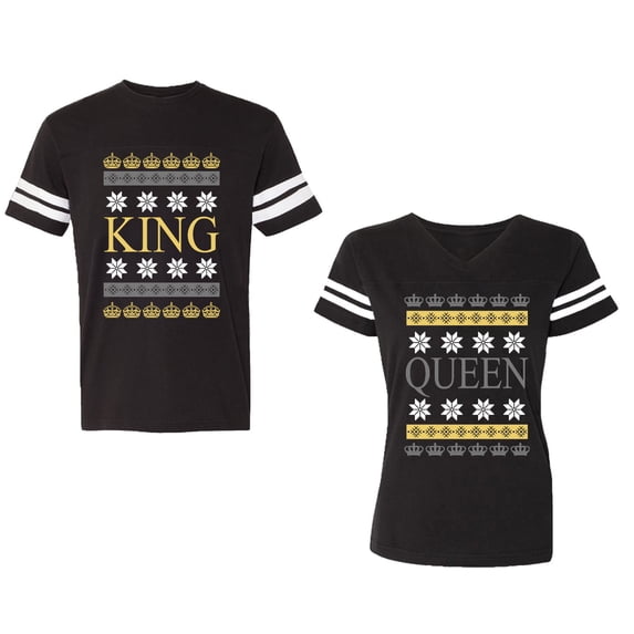 Christmas King Queen Unisex Couple Matching Cotton Jersey style T-Shirt Contrasting stripes on sleeves (Men Black / Women Black) (Men XXL / Women L)