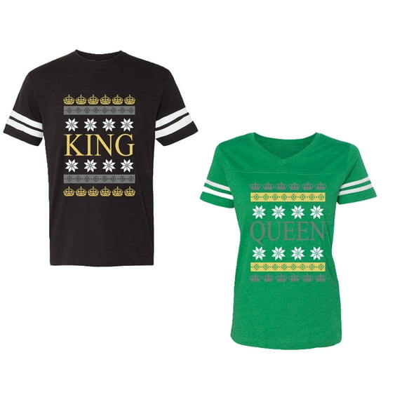 Christmas King Queen Unisex Couple Matching Cotton Jersey style T-Shirt Contrasting stripes on sleeves (Men Black / Women Green) (Men M / Women M)