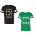 thumbnail image 1 of Christmas King Queen Unisex Couple Matching Cotton Jersey style T-Shirt Contrasting stripes on sleeves (Men Black / Women Green) (Men S / Women M), 1 of 3