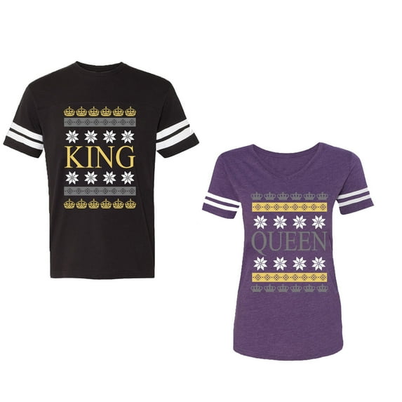 Christmas King Queen Unisex Couple Matching Cotton Jersey style T-Shirt Contrasting stripes on sleeves (Men Black / Women Purple) (Men M / Women M)