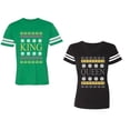 thumbnail image 1 of Christmas King Queen Unisex Couple Matching Cotton Jersey style T-Shirt Contrasting stripes on sleeves (Men Green / Women Black) (Men S / Women S), 1 of 3