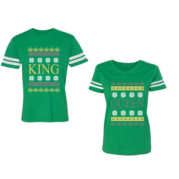Christmas King Queen Unisex Couple Matching Cotton Jersey style T-Shirt Contrasting stripes on sleeves (Men Green / Women Green) (Men M / Women XL)
