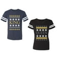 thumbnail image 1 of Christmas King Queen Unisex Couple Matching Cotton Jersey style T-Shirt Contrasting stripes on sleeves (Men Navy / Women Black) (Men XXL / Women XL), 1 of 3