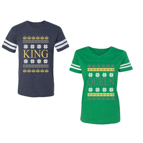 Christmas King Queen Unisex Couple Matching Cotton Jersey style T-Shirt Contrasting stripes on sleeves (Men Navy / Women Green) (Men L / Women L)
