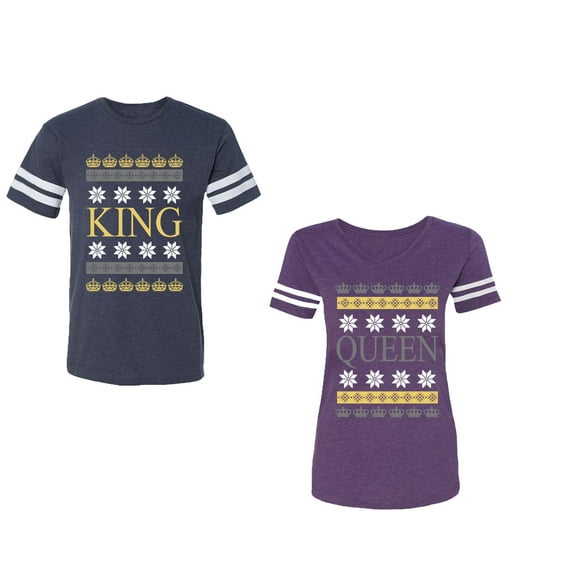 Christmas King Queen Unisex Couple Matching Cotton Jersey style T-Shirt Contrasting stripes on sleeves (Men Navy / Women Purple) (Men L / Women XL)