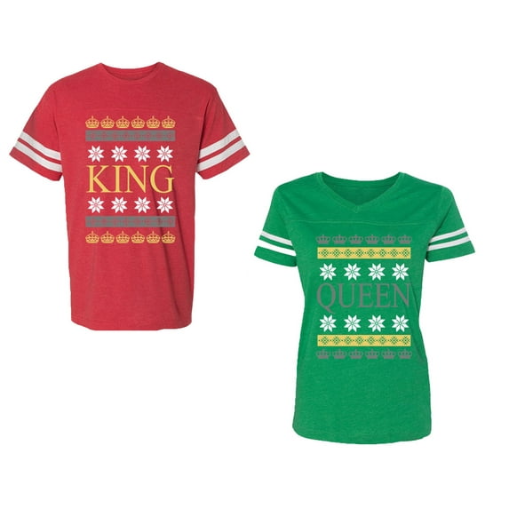 Christmas King Queen Unisex Couple Matching Cotton Jersey style T-Shirt Contrasting stripes on sleeves (Men Red / Women Green) (Men S / Women M)