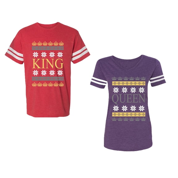 Christmas King Queen Unisex Couple Matching Cotton Jersey style T-Shirt Contrasting stripes on sleeves (Men Red / Women Purple) (Men S / Women XL)